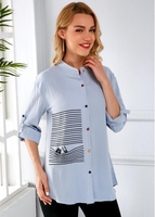 Button Up Roll Tab Sleeve Striped Blouse