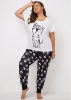 Cat Print Plus Size Round Neck Loungewear Set