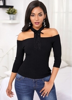 Cold Shoulder Long Sleeve Tie Neck Sweater