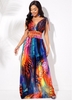 Drawstring Shoulder Plunging Neck Feather Print Dress