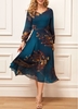 Feathers Print Chiffon Peacock Blue Dress