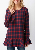 Flare Cuff Plaid Print Frill Hem Blouse