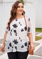 Floral Print Plus Size Round Neck T Shirt