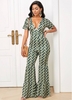 Geometric Print Deep V Neck Tie Back Jumpsuit
