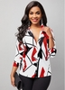 Geometric Print Turndown Collar Long Sleeve Blouse