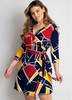 Geometric Print V Neck 3/4 Sleeve Dress