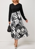 Geometric Print V Neck Long Sleeve Dress