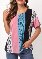 Leopard Color Block Round Neck T Shirt