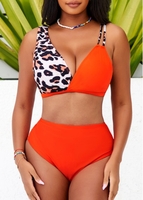 Leopard High Waisted Asymmetric Design Orange Bikini Set