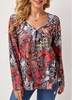 Paisley Print V Neck Long Sleeve T Shirt