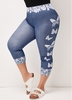 Plus Size Butterfly Print Denim Blue Pants
