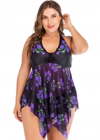 Plus Size Floral Print Asymmetric Hem Swimdress and Panty