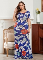 Plus Size Short Sleeve Flower Print Maxi Dress