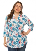 Plus Size Three Quarter Sleeve Floral Print T Shirt