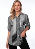 Pocket Turndown Collar Striped 3/4 Sleeve Blouse