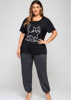 Polka Dot Plus Size Round Neck Loungewear Set