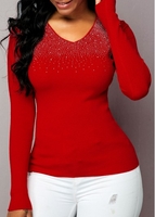 Rhinestone Detail Red Long Sleeve Sweater