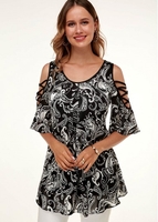 ROTITA A Line Cold Shoulder Printed Flare Sleeve T Shirt