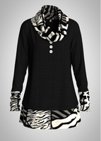 ROTITA Animal Print Button Detail Cowl Neck Tunic Top