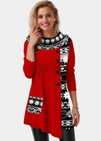 ROTITA Asymmetric Hem Christmas Snowflake Print Contrast Tunic Top
