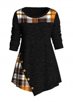 ROTITA Asymmetric Hem Decorative Button Plaid Tunic Top