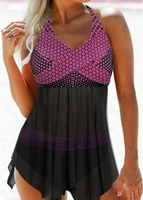 ROTITA Asymmetric Hem Halter Neck Polka Dot Print Swimdress and Panty