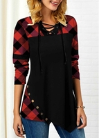 ROTITA Asymmetric Hem Plaid Print Long Sleeve Tunic Top