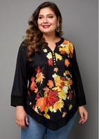 ROTITA Asymmetric Hem Plus Size Split Neck Printed T Shirt