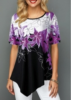 ROTITA Asymmetric Hem Round Neck Floral Print Blouse