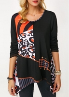 ROTITA Asymmetric Hem Round Neck Printed Blouse