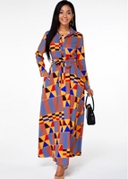 ROTITA Belted Button Up Geometric Print Pocket Dress