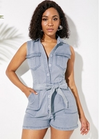ROTITA Belted Button Up Slant Pocket Denim Romper