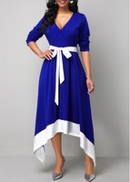 ROTITA Belted Contrast Panel Asymmetric Hem Maxi Dress