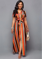 ROTITA Belted Rainbow Color Stripe Print Maxi Dress