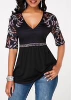 ROTITA Black V Neck Printed Half Sleeve T Shirt