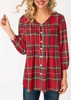 ROTITA Blouson Sleeve Plaid Print V Neck Blouse