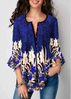 ROTITA Blue Button Up Pleated Flare Sleeve Blouse