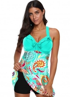 ROTITA Blue Printed Wide Strap Tie Front Swimwear Top