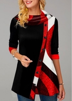 ROTITA Button Detail Asymmetric Hem Contrast Tunic Top