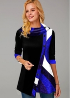 ROTITA Button Detail Asymmetric Hem Contrast Tunic Top