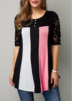 ROTITA Button Detail Lace Patchwork Half Sleeve T Shirt