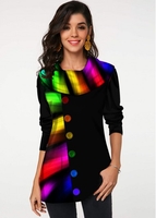 ROTITA Button Detal Colorful Printed Cowl Neck Tunic Top