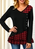ROTITA Button Embellished Plaid Print V Neck T Shirt
