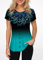 ROTITA Button Embellished Round Neck Printed Blouse