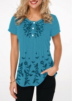 ROTITA Button Front Crinkle Chest Printed T Shirt
