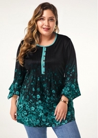 ROTITA Button Front Flower Print Flare Sleeve Blouse