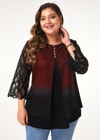 ROTITA Button Front Plus Size Three Quarter Sleeve Blouse