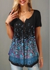 ROTITA Button Front Round Neck Retro Print T Shirt