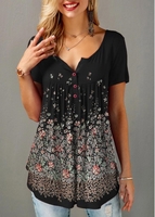 ROTITA Button Front Split Neck Retro Print T Shirt