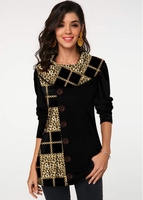 ROTITA Button Leopard and Geometric Print Tunic Top